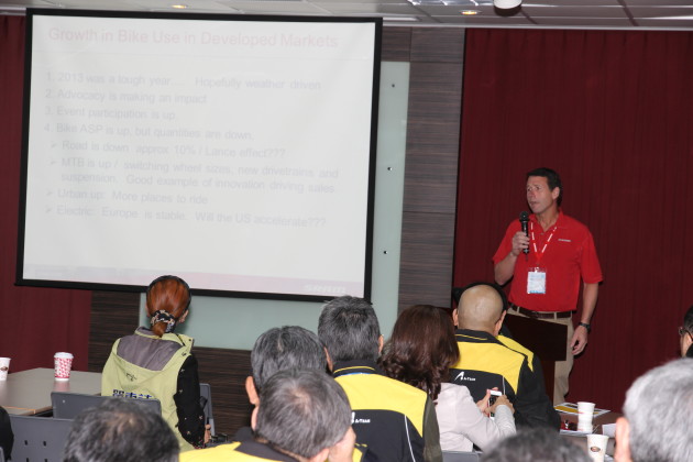 SRAM has always aligned itself very closely with Taiwan&rsquo;s bicycle manufacturing community and Taiwan remains home to key SRAM factories. Here Stan addresses the annual A-Team meeting about global bicycle industry trends.